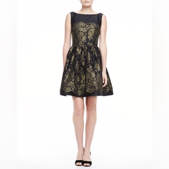 ML Monique L’huillier Gold Black Lace Fit Flare Mini Dress Party Birthday Sz 8 - Picture 12 of 12